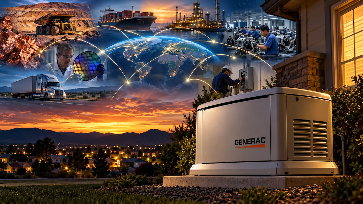Generac standby generator surrounded by imagery representing global manufacturing, mining, transportation, and human cooperation.